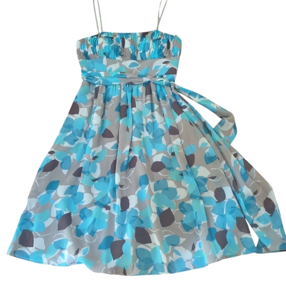 Max And Cleo 100% Silk Flowy Blue/White Floral Babydoll Strapless Dress Sz S - Picture 1 of 12